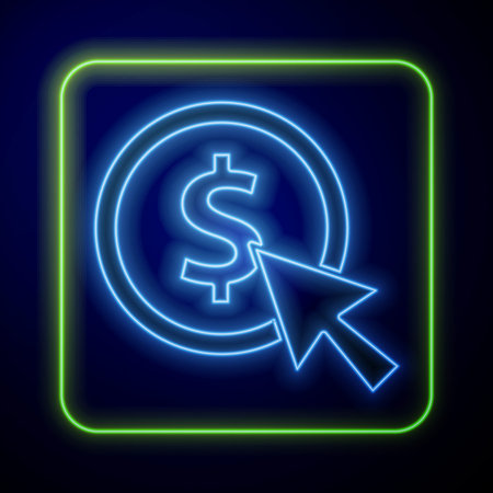 Glowing neon Coin money with dollar symbol icon isolated on blue background. Banking currency sign. Cash symbol. Vector.のイラスト素材