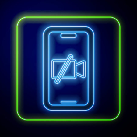 Glowing neon Video camera Off on mobile screen icon isolated on blue background. No video. Vector.のイラスト素材