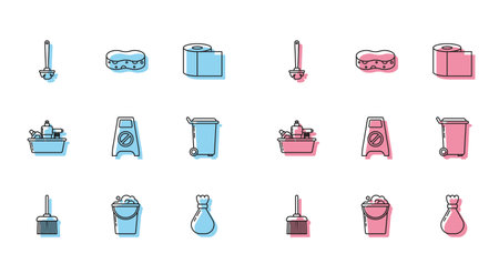 Set line Handle broom Bucket with foam bubbles Toilet brush Garbage bag Wet cleaning floor in progress Trash can Plastic bottles for liquid dishwashing liquid and Sponge icon. Vector.のイラスト素材