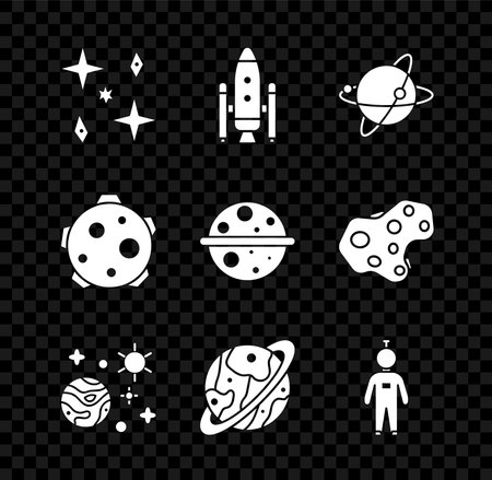 Set Falling stars Space shuttle and rockets Satellites orbiting the planet Earth Planet Saturn Astronaut and icon. Vector.のイラスト素材