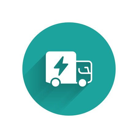 White Electric truck icon isolated with long shadow background. Green circle button. Vector.のイラスト素材