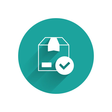 White Package box with check mark icon isolated with long shadow background. Parcel box with checkmark. Approved delivery or successful package receipt. Green circle button. Vector.のイラスト素材