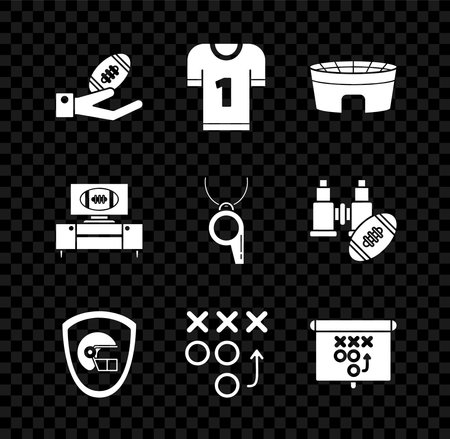 Set American Football ball on hand football jersey stadium helmet shield Planning strategy concept tv program stand and Whistle icon. Vector.のイラスト素材