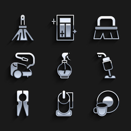 Set Water spray bottle Toilet paper roll Washing dishes Vacuum cleaner Clothes pin Brush for cleaning and Handle broom icon. Vector.のイラスト素材