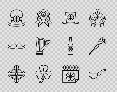 Set line Celtic cross Smoking pipe Leprechaun hat and four leaf clover Four Harp Saint Patricks day with calendar and Walking stick icon. Vector.のイラスト素材