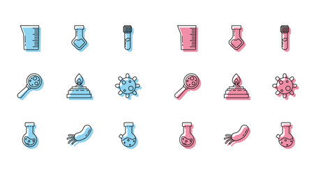 Set line Test tube and flask chemical Bacteria Laboratory glassware or beer Alcohol spirit burner Microorganisms under magnifier and icon. Vector.のイラスト素材