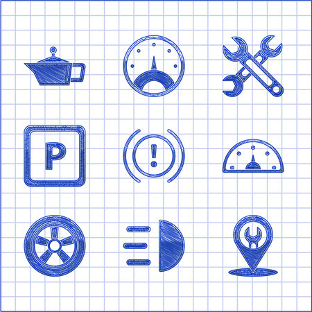 Set Brake system warning High beam Car service Speedometer wheel Parking Wrench and Canister for motor machine oil icon. Vector.のイラスト素材