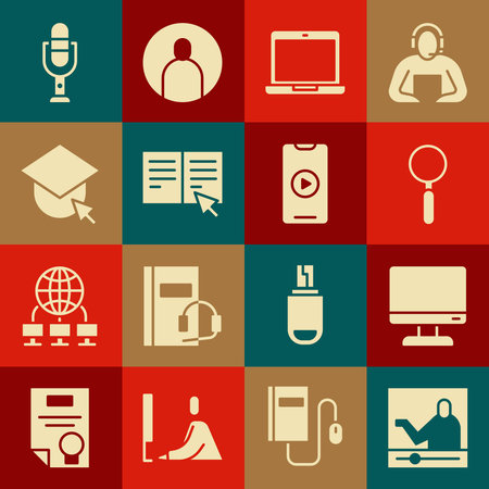 Set Online education Computer monitor screen Magnifying glass Laptop book Graduation cap globe Microphone and play video icon. Vector.のイラスト素材