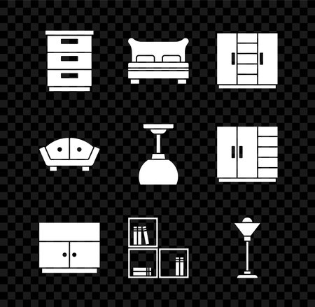 Set Furniture nightstand Big bed Wardrobe Shelf with books Floor lamp Sofa and Lamp hanging icon. Vector.のイラスト素材