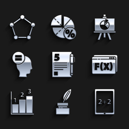 Set Test or exam sheet and pen Tablet with calculator Function mathematical symbol Graph schedule chart diagram Calculation Chalkboard and Geometric figure Pentagonal prism icon. Vector.のイラスト素材