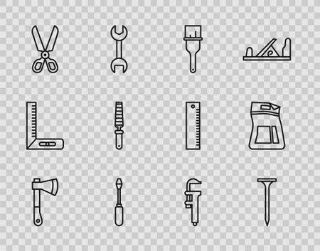 Set line Wooden axe Metallic nail Paint brush Screwdriver Scissors Chisel tool for wood Calliper caliper and scale and Cement bag icon. Vector.のイラスト素材