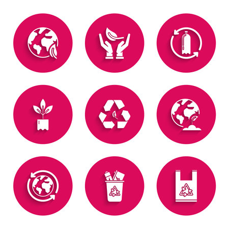 Set Recycle symbol and leaf bin with recycle Plastic bag Earth globe plant Planet earth recycling Plant bottle Recycling plastic and icon. Vector.のイラスト素材