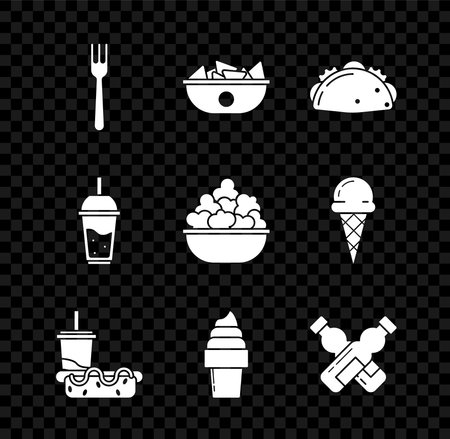 Set Fork Nachos in plate Taco with tortilla Paper glass drinking straw and hotdog Ice cream waffle cone Crossed bottle of water Glass lemonade and Popcorn bowl icon. Vector.のイラスト素材