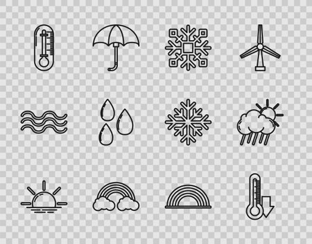 Set line Sunrise Thermometer Snowflake Rainbow with clouds Water drop and Cloud rain and sun icon. Vector.のイラスト素材