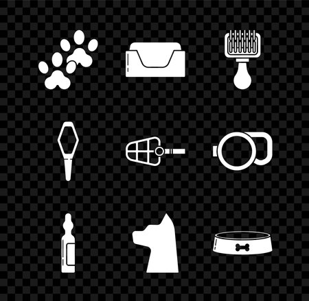 Set Paw print Pet bed Hair brush for dog and cat Pets vial medical Cat food bowl and Dog muzzle icon. Vector.のイラスト素材