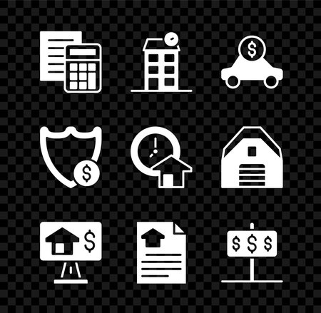 Set Calculator House Car rental Online real estate contract with dollar Shield and Time is money icon. Vector.のイラスト素材