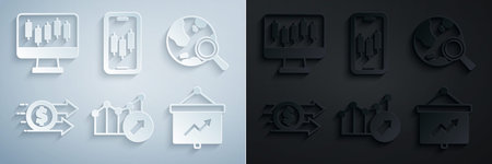 Set Financial growth Search globe dollar Board with graph Mobile stock trading and Stocks market graphs icon. Vector.のイラスト素材