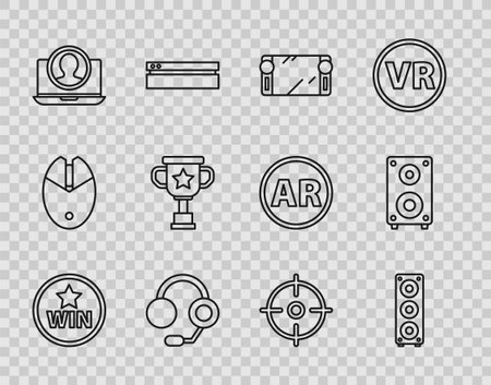 Set line Medal Stereo speaker Portable video game console Headphones Create account screen Award cup Target sport and icon. Vector.のイラスト素材