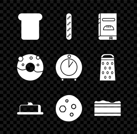 Set Bread toast French baguette bread Cookbook Strawberry cheesecake slice Cookie or biscuit with chocolate Brownie Donut sweet glaze and Kitchen timer icon. Vector.のイラスト素材