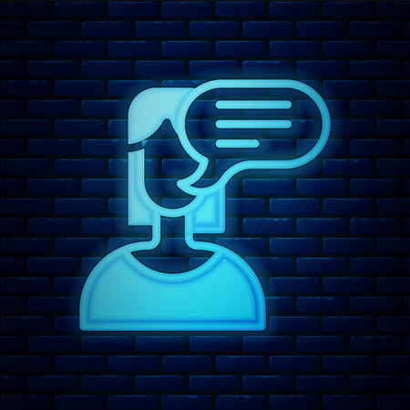 Glowing neon Female opinion icon isolated on brick wall background. Vector.のイラスト素材