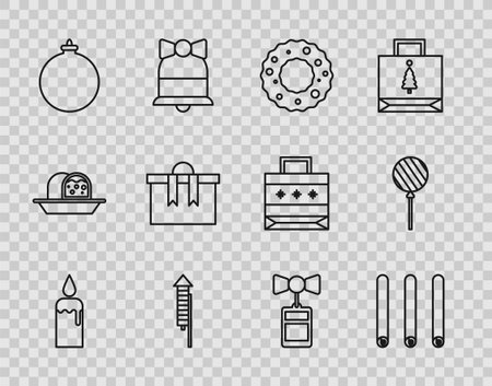 Set line Burning candle in candlestick Three rolled sticks of cinnamon Christmas wreath Firework rocket ball Gift box Price tag with inscription Sale and Lollipop icon. Vector.のイラスト素材