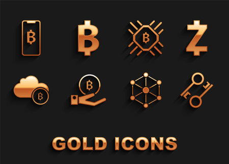 Set Hand holding Bitcoin Cryptocurrency Zcash ZEC key Blockchain technology cloud mining CPU farm Phone mobile cryptocurrency and icon. Vector.のイラスト素材