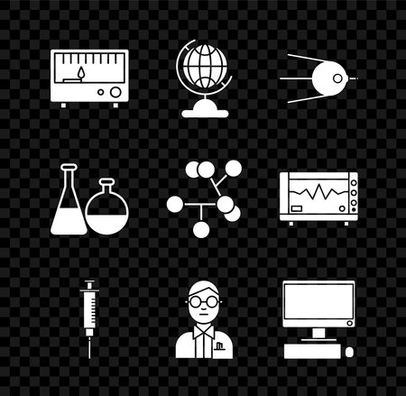 Set Electrical measuring instruments Earth globe Satellite Syringe Scientist Computer monitor with keyboard and mouse Test tube flask chemical laboratory and Molecule icon. Vector.のイラスト素材