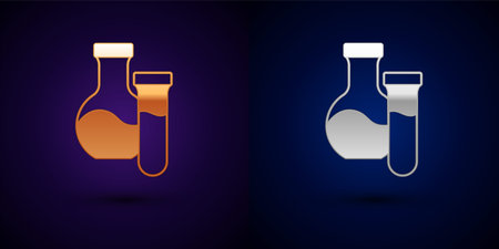 Gold and silver Test tube and flask chemical laboratory test icon isolated on black background. Laboratory glassware sign. Vector.のイラスト素材