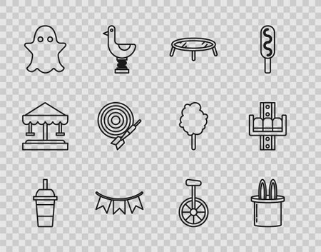 Set line Paper glass with drinking straw and water Jumping trampoline Carnival garland flags Ghost Classic dart board arrow Unicycle or one wheel bicycle and Attraction carousel icon. Vector.のイラスト素材