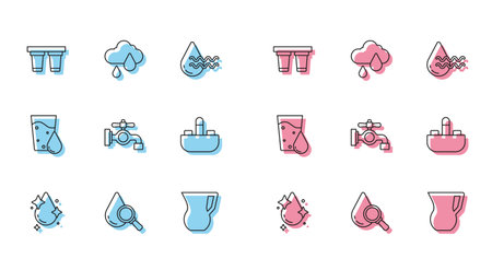 Set line Water drop Drop and magnifying glass filter Jug with water tap Washbasin Glass and Cloud rain icon. Vector.のイラスト素材