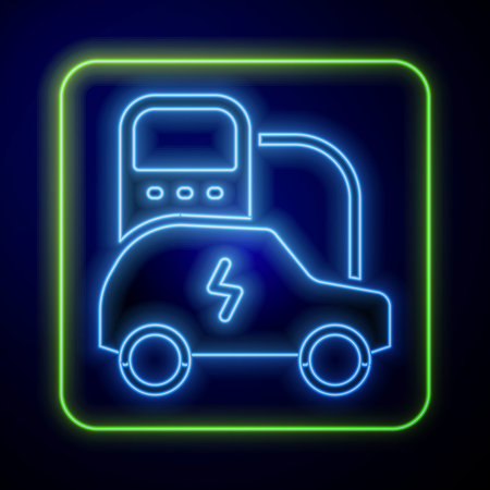 Glowing neon Electric car and electrical cable plug charging icon isolated on blue background. Renewable eco technologies. Vector.のイラスト素材
