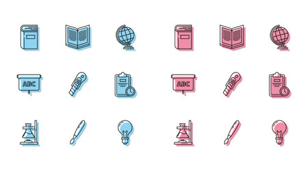 Set line Glass test tube flask on fire Paint brush Book Light bulb with concept of idea Stationery knife Exam sheet clock Chalkboard and Open book icon. Vector.のイラスト素材