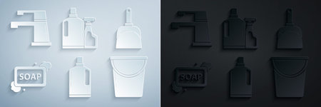Set Plastic bottles for liquid dishwashing liquid Dustpan Bar of soap with foam Bucket and Water tap icon. Vector.のイラスト素材