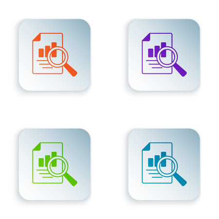 Color Document with graph chart icon isolated on white background. Report text file icon. Accounting sign. Audit, analysis, planning. Set colorful icons in square buttons. Vector.のイラスト素材