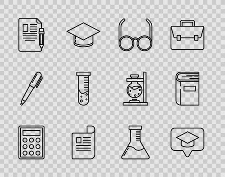 Set line Calculator Graduation cap in speech bubble Glasses Document Exam sheet and pencil with eraser Test tube flask chemical laboratory and Book icon. Vector.のイラスト素材