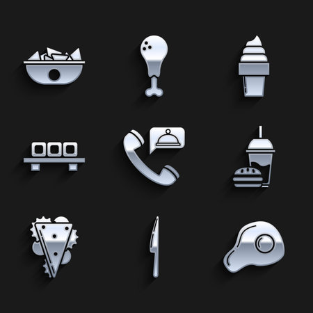 Set Food ordering Knife Scrambled eggs Paper glass with drinking straw and burger Sandwich Sushi on cutting board Ice cream waffle cone and Nachos plate icon. Vector.のイラスト素材