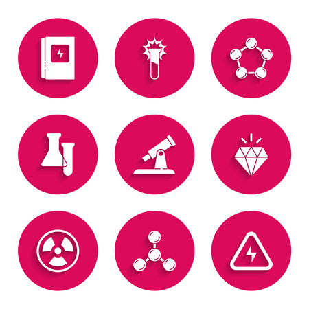 Set Telescope Molecule High voltage Diamond Radioactive Test tube and flask and Electrical panel icon. Vector.のイラスト素材