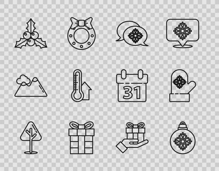 Set line Christmas tree ball Snowflake with speech bubble Gift box Branch viburnum or guelder rose Meteorology thermometer measuring hand and mitten icon. Vector.のイラスト素材