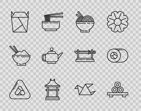Set line Sushi on cutting board Asian noodles bowl and chopsticks Japan Gate Restaurant opened take out box filled Japanese tea ceremony Origami bird and icon. Vector.のイラスト素材