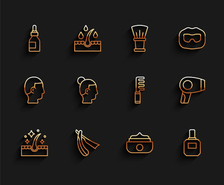 Set line Oil for hair care treatment Straight razor bottle Gel wax styling Aftershave Hairstyle dryer and Hairbrush icon. Vector.のイラスト素材