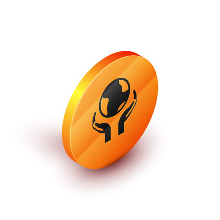Isometric Human hands holding Earth globe icon isolated on white background. Save earth concept. Orange circle button. Vector.のイラスト素材