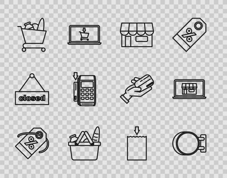 Set line Discount percent tag Signboard hanging Shopping building or market store basket and food cart Pos terminal with inserted credit card Paper shopping bag and on screen laptop icon. Vector.のイラスト素材
