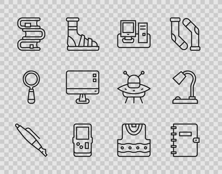 Set line Fountain pen nib Spiral notebook Monitor with keyboard Tetris Book Computer monitor screen Waistcoat and Table lamp icon. Vector.のイラスト素材