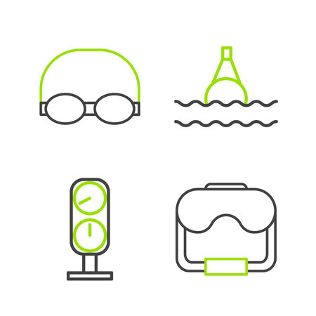 Set line Diving mask Gauge scale Floating buoy on the sea and Glasses and cap for swimming icon. Vector.のイラスト素材