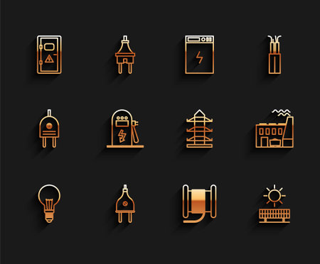 Set line Light bulb with concept of idea Wire electric cable reel or drum Solar energy panel and sun car charging station Coal power plant factory and High voltage pole line icon. Vector.のイラスト素材