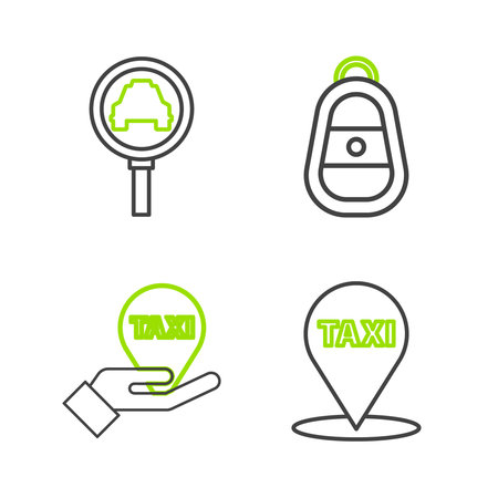 Set line Map pointer with taxi Hand on map Car key remote and Magnifying glass car icon. Vector.のイラスト素材
