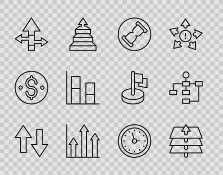 Set line Arrow Layers Old hourglass with sand Pie chart infographic Graph chart diagram Clock and Hierarchy organogram icon. Vector.のイラスト素材
