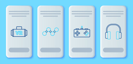 Set line Share Gamepad Virtual reality glasses and Headphones icon. Vector.のイラスト素材