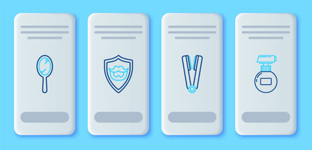 Set line Mustache and beard on shield Curling iron for hair Hand mirror and Cream lotion cosmetic tube icon. Vector.のイラスト素材