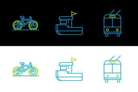 Set line Trolleybus Bicycle and Fishing boat icon. Vector.のイラスト素材